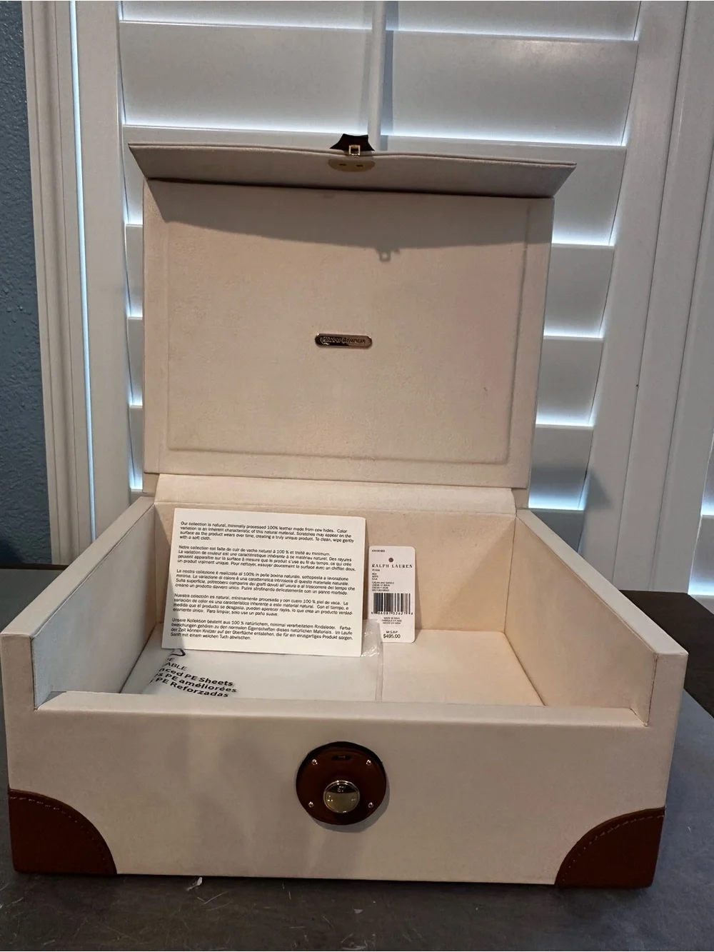 Ralph Lauren Ryan Box Cream and Brown Jewelry Storage Box with Leather Accents